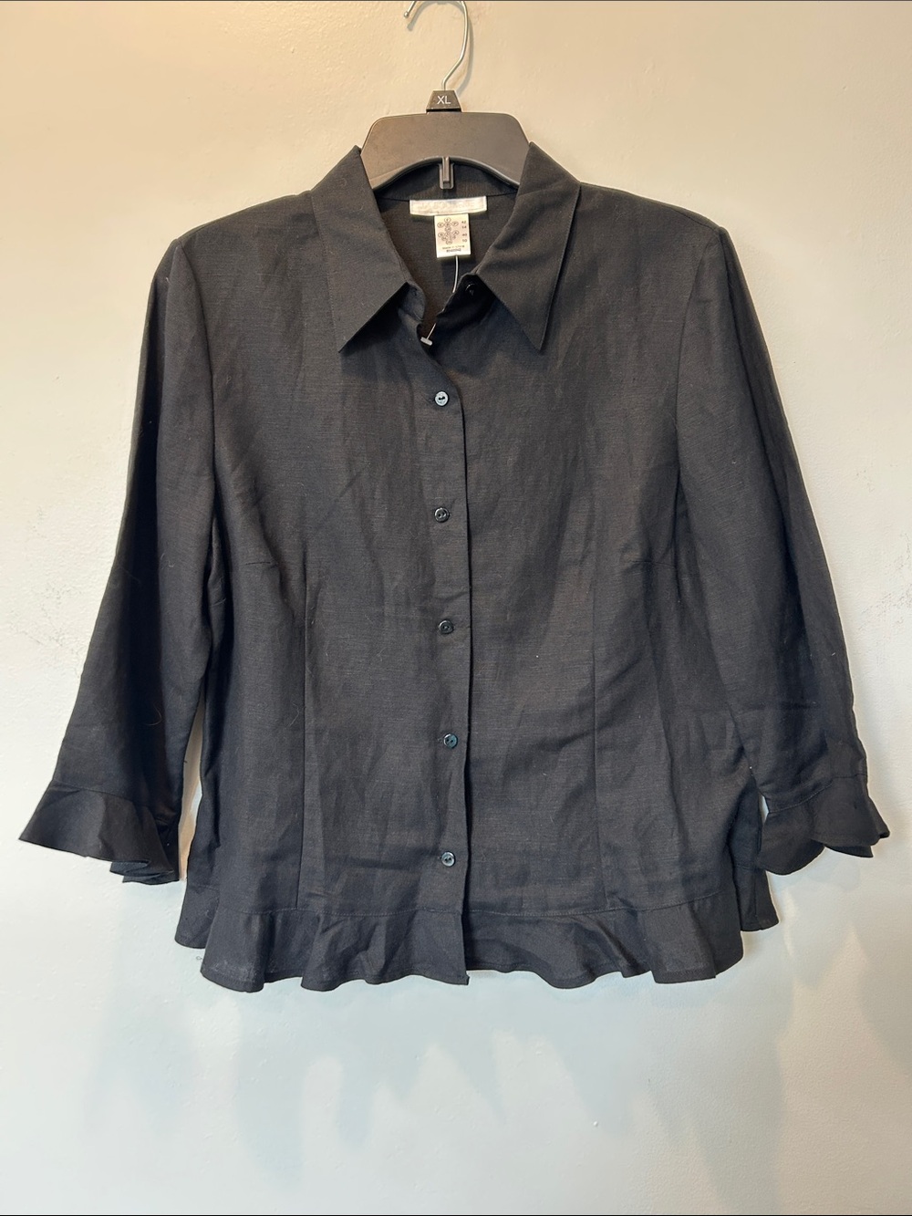 Black Ruffle-Hem Button-Down Blouse
